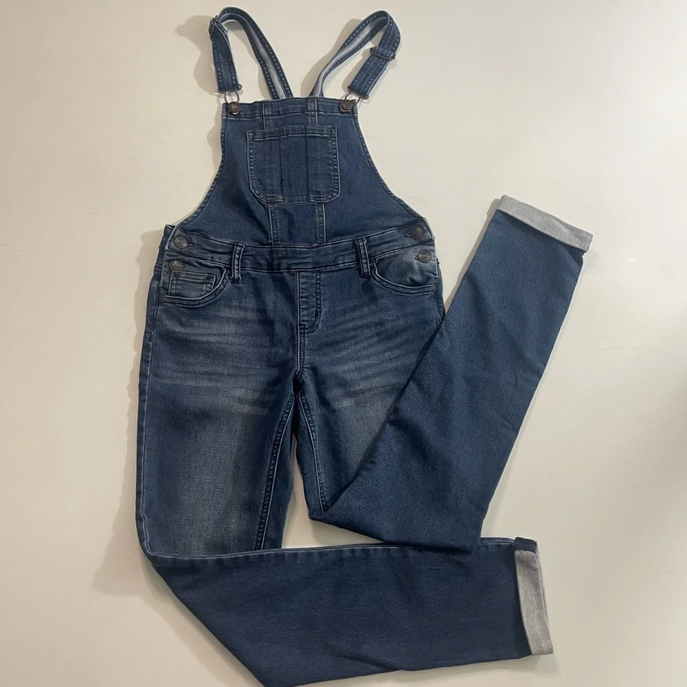 JUSTICE STRETCH BLUE JEAN OVERALLS / PANTS DISTRESSED STRAIGHT LEG GIRLS SZ 12